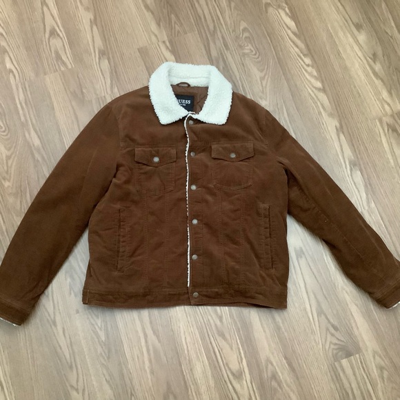 GUESS Sherpa Trimmed Corduroy Trucker Jacket Brown Women Size XL - Picture 2 of 12